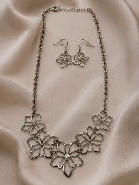 Y2K Silver Floral Statement Necklace & Matching Earrings
